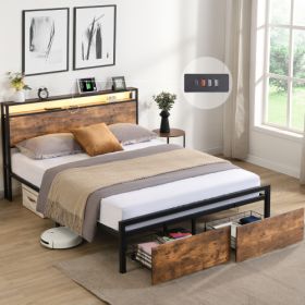 Full Size Bed Frame With Storage Headboard And 2 Drawers, LED Lights Bed With Charging Station, Metal Platform Bed No Noise