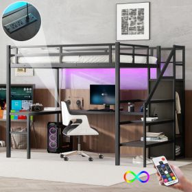 Full XL Size Loft Bed With L-shaped Desk And USB, Metal Loft Bed With Wardrobe And Adjustable Shelf, High Loft Bed With LED For Kids Teens Adults, Bla