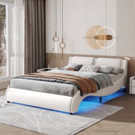 Queen Size Upholstered Faux Leather Platform Bed With LED Light Bed Frame With Slatted - White