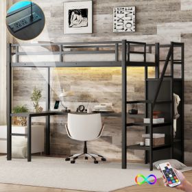 Twin XL Size Loft Bed With L-shaped Desk And USB, Metal Loft Bed With Wardrobe And Adjustable Shelf, High Loft Bed With LED For Kids Teens Adults, Bla