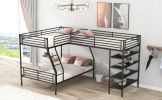 L-Shaped Metal Twin over Full Bunk Bed and Twin Size Loft Bed with Four Built-in Shelves,Black