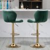 Green Velvet Adjustable Swivel Bar Stools Set Of 2 Modern Counter Height Barstools With Golden Color Base