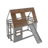 Cozy and Fun Wood Twin Size House Bunk Bed with Window Roof Shape Design with Ladder and Climbing Ramp, Brown+Gray(Same SKU:W1716S00010)