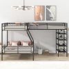 L-Shaped Metal Twin over Full Bunk Bed and Twin Size Loft Bed with Four Built-in Shelves,Black