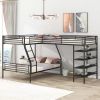 L-Shaped Metal Twin over Full Bunk Bed and Twin Size Loft Bed with Four Built-in Shelves,Black