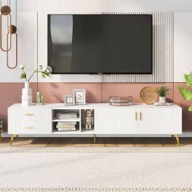 Modern TV Stand with 5 Champagne legs - Durable, stylish, spacious, versatile storage TVS up to 77" (Color: White)